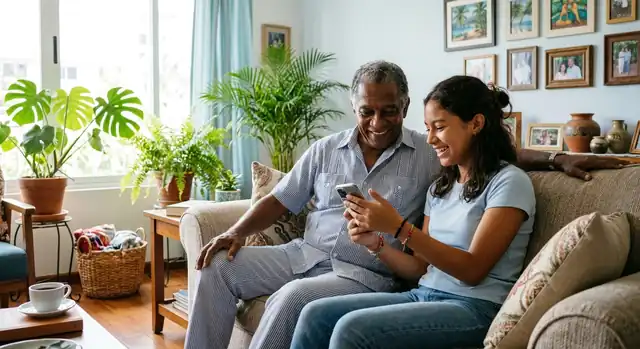 Abuelo y nieta sonríen mientras revisan juntos un trámite en el teléfono, en la sala de su casa