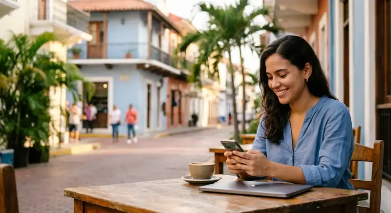 Mujer sonriente consulta un trámite en su teléfono desde la terraza de un café, en una calle colonial de Panamá