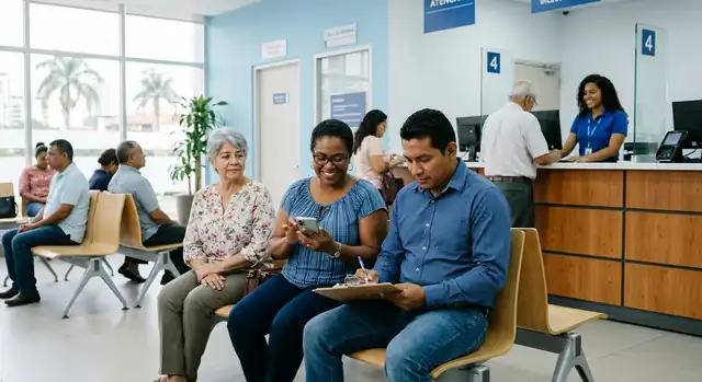 Personas esperando en una oficina pública de Panamá: una mujer consulta su celular y un hombre rellena un formulario
